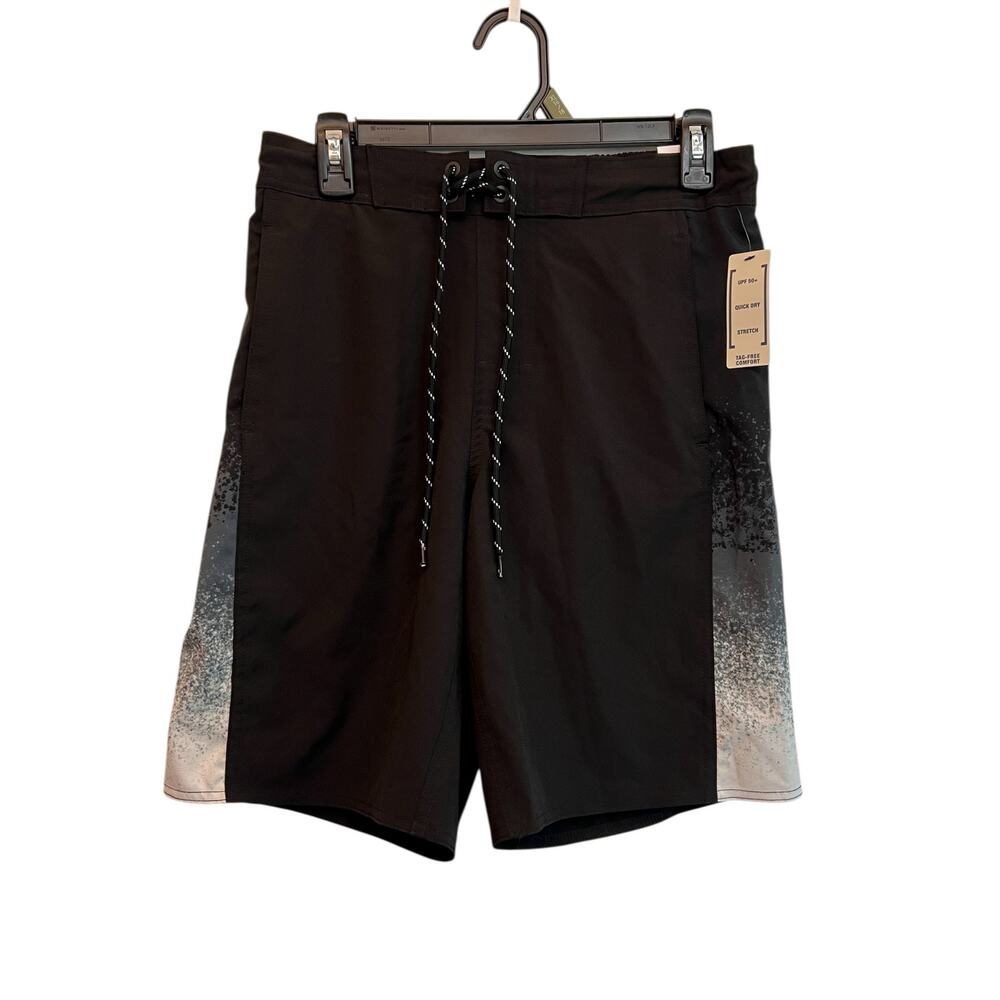George Mens Board Shorts Small 28-30 Black Gray Swim Trunks UPF 50 Quick Dry NWT